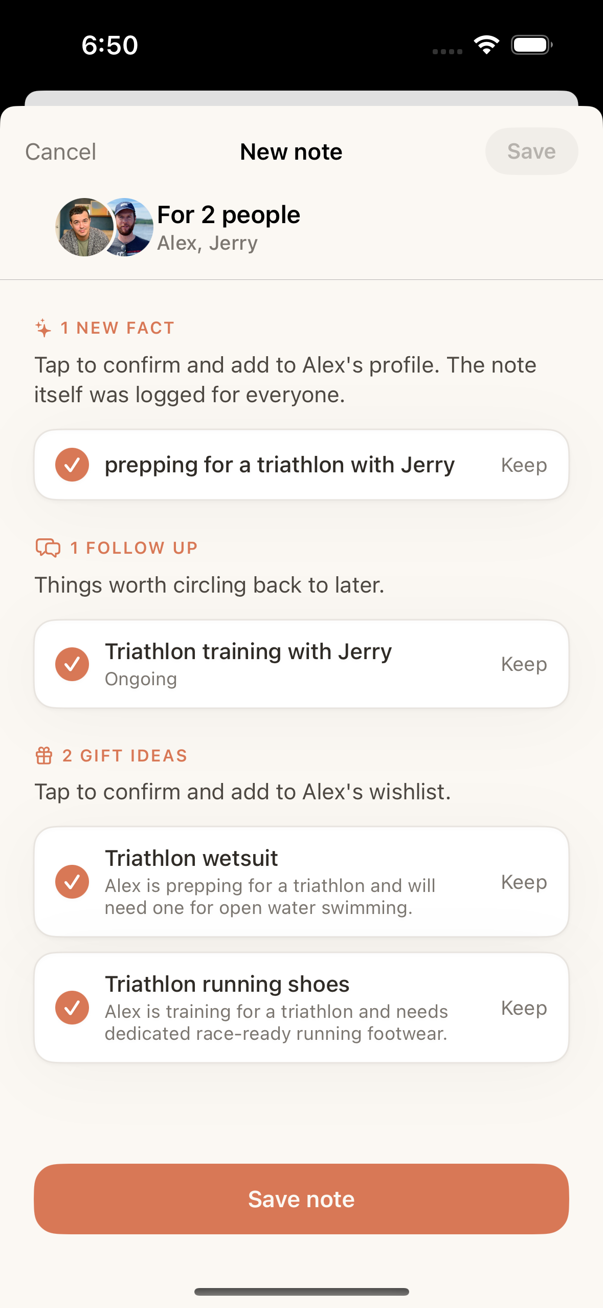 AI-extracted facts, follow-ups and gift ideas from a voice note