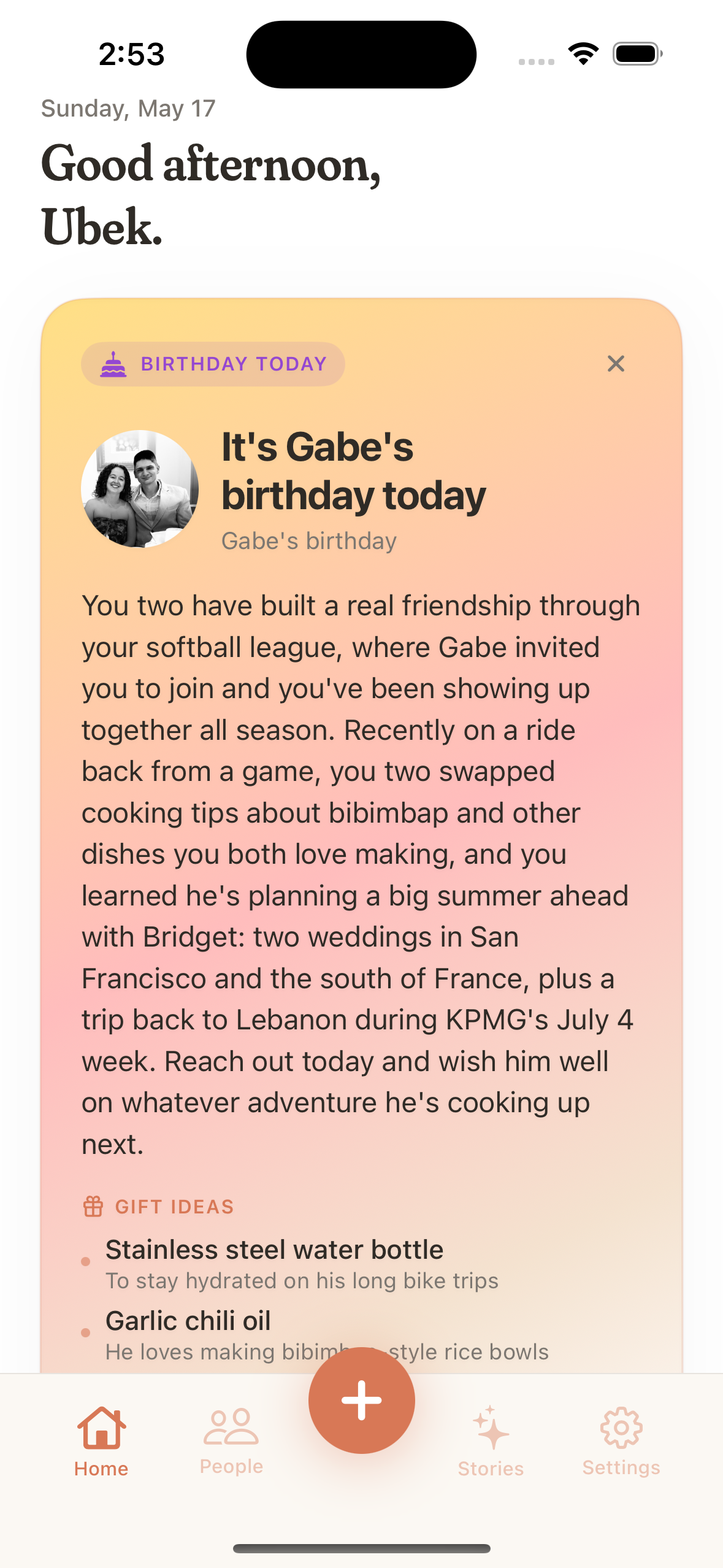 Birthday notification showing rich context about a friend