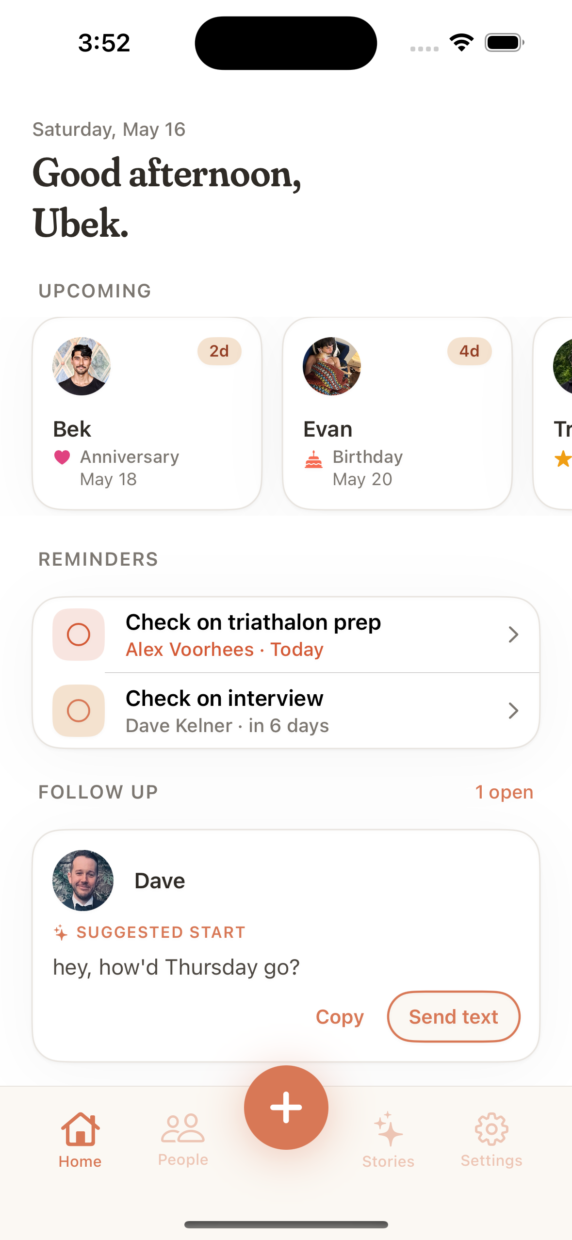 Home screen showing upcoming dates, reminders and follow-up suggestions