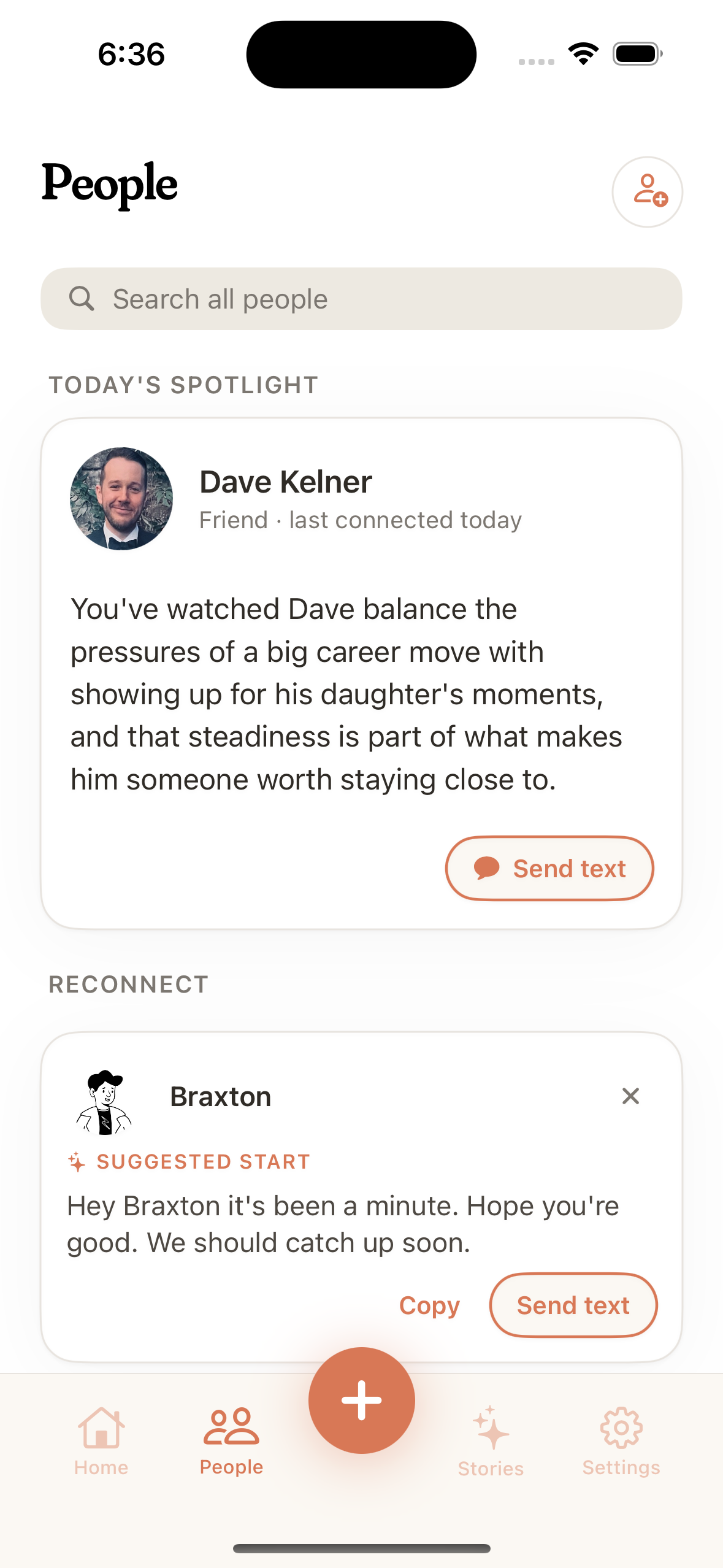 People screen showing Today's Spotlight and Reconnect suggestions
