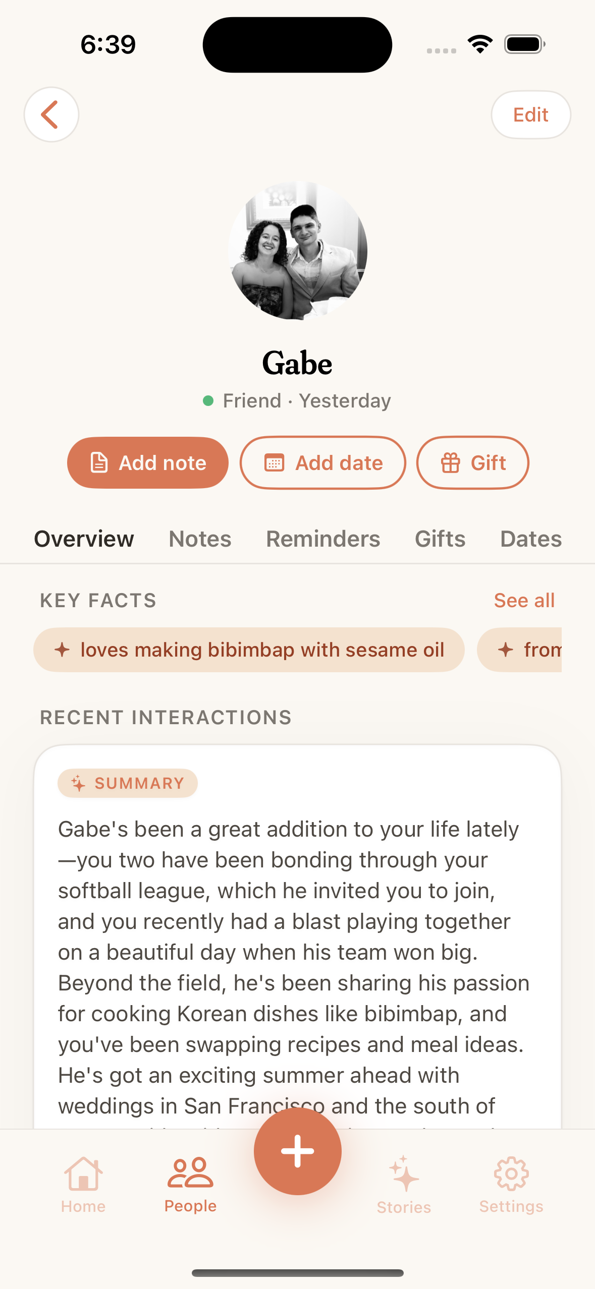 Friend profile showing key facts and recent interaction summary