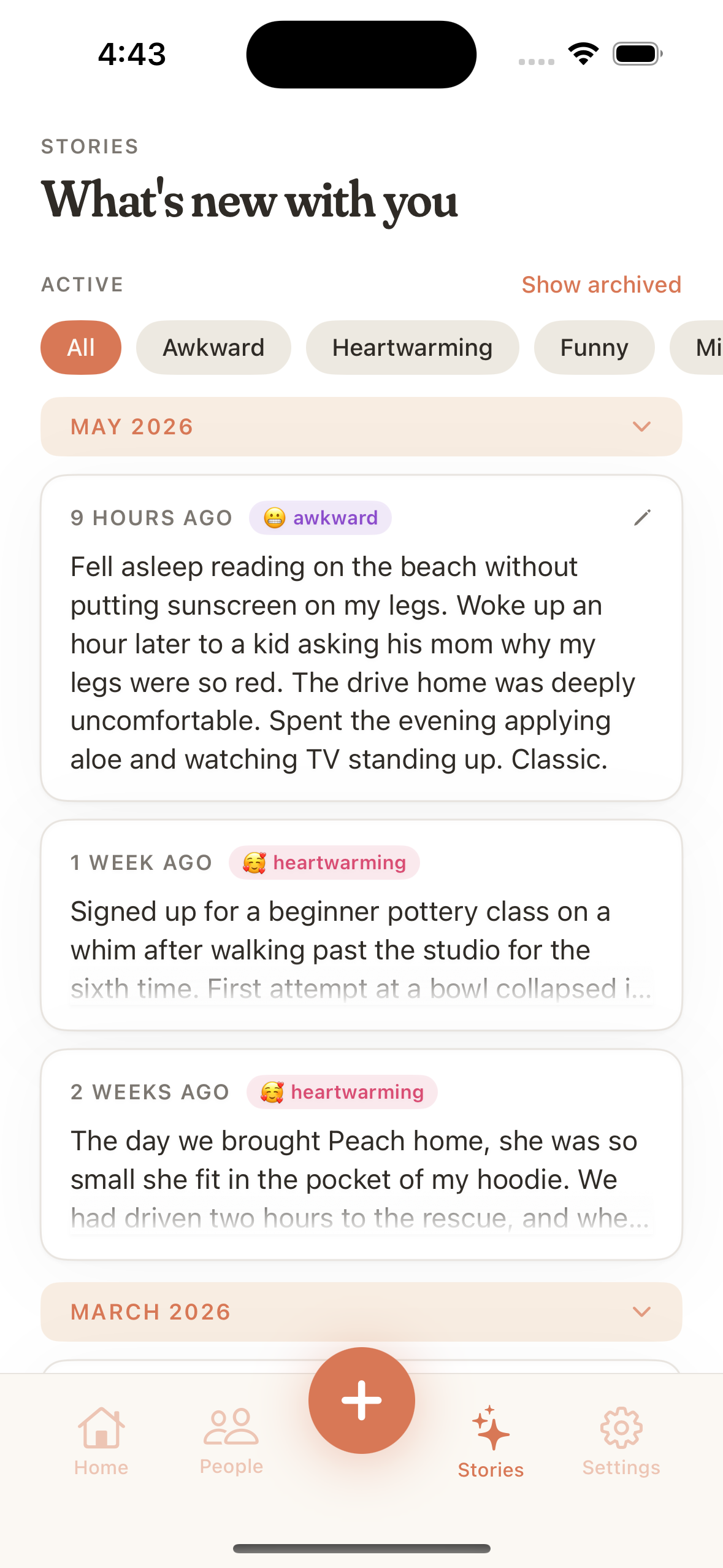 Stories screen showing personal moments tagged as heartwarming, awkward, and funny