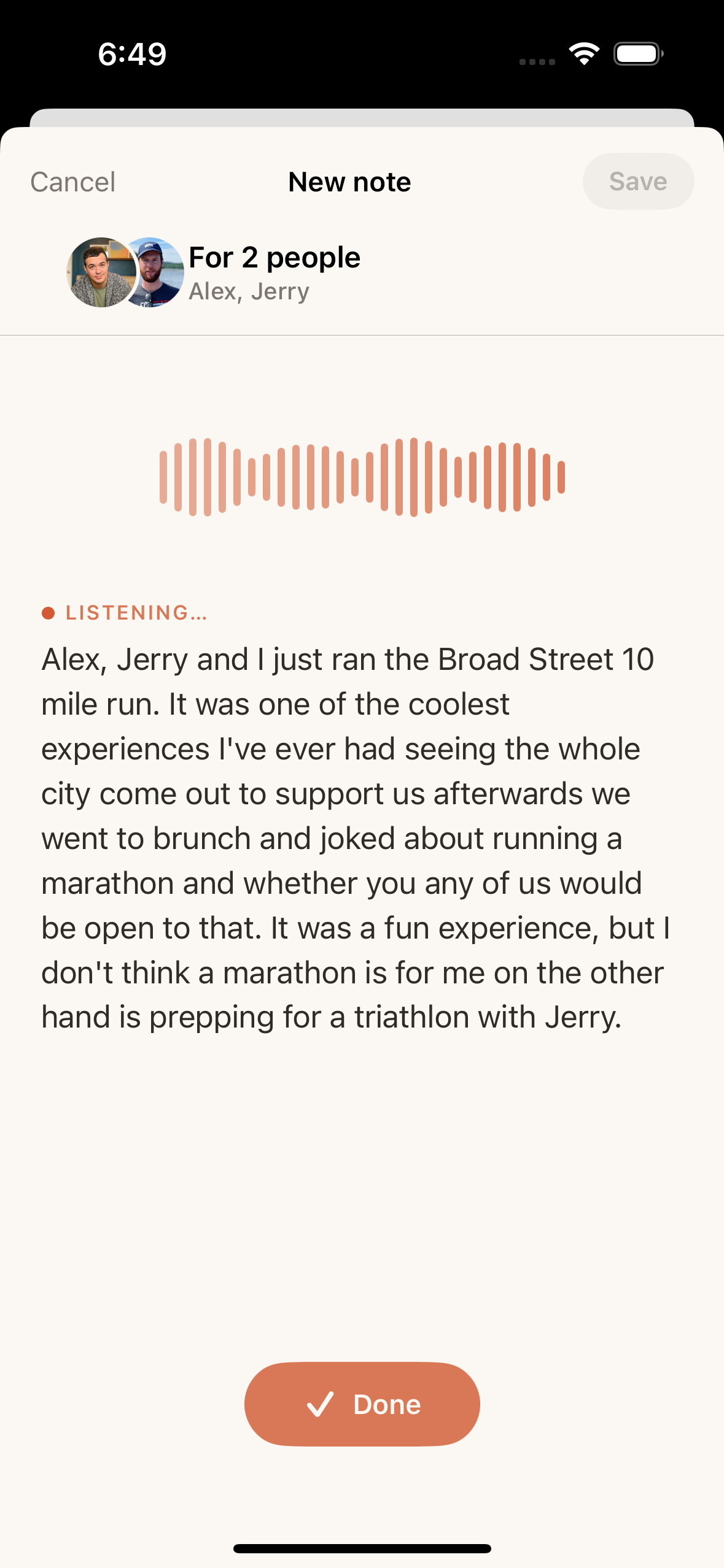 Voice note recording screen showing live transcription